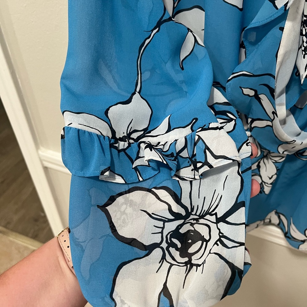 Calvin Klein Blue Ruffled Tie Front Blouse - Picture 3 of 6